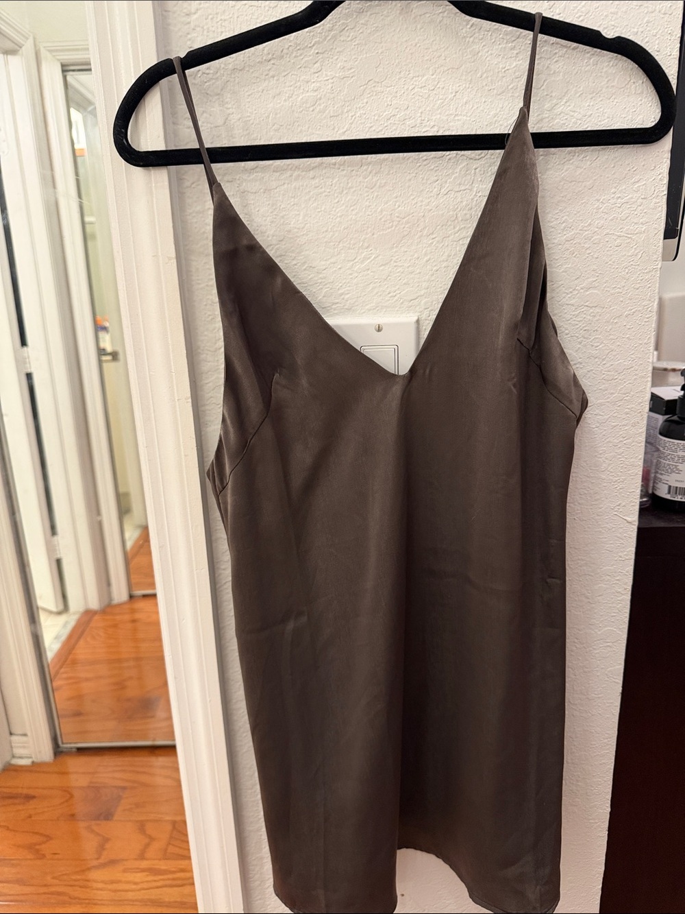 ecru Taupe Satin Slip Dress with V-Neck